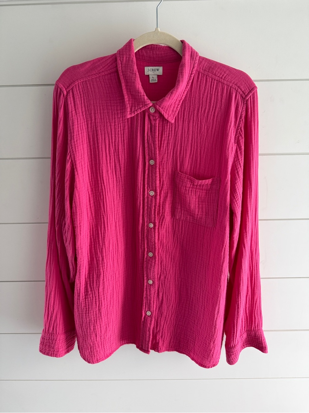 J. Crew Bright Pink Textured Button-Down Shirt, Size Large